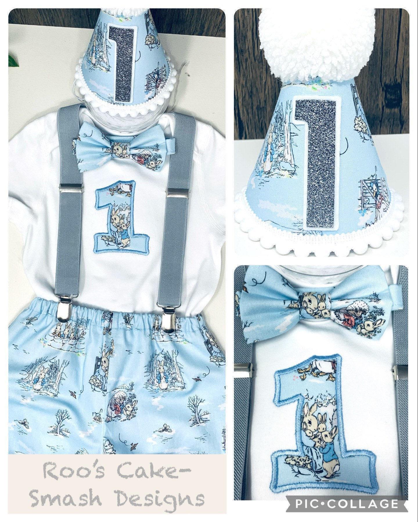 Playful Rabbit Blue Birthday Outfit – Personalised/Personalized Baby Cake Smash Set