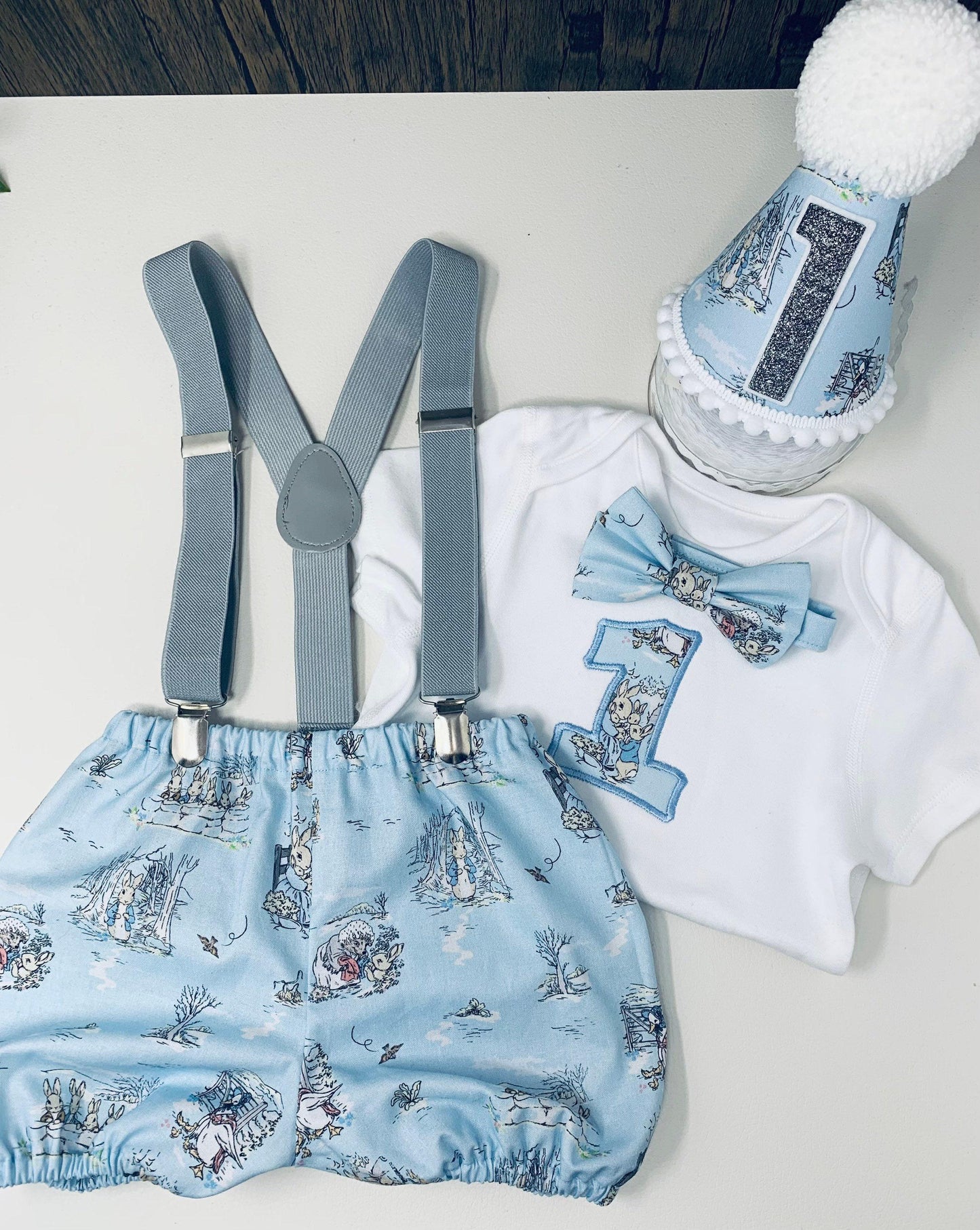Playful Rabbit Blue Birthday Outfit – Personalised/Personalized Baby Cake Smash Set