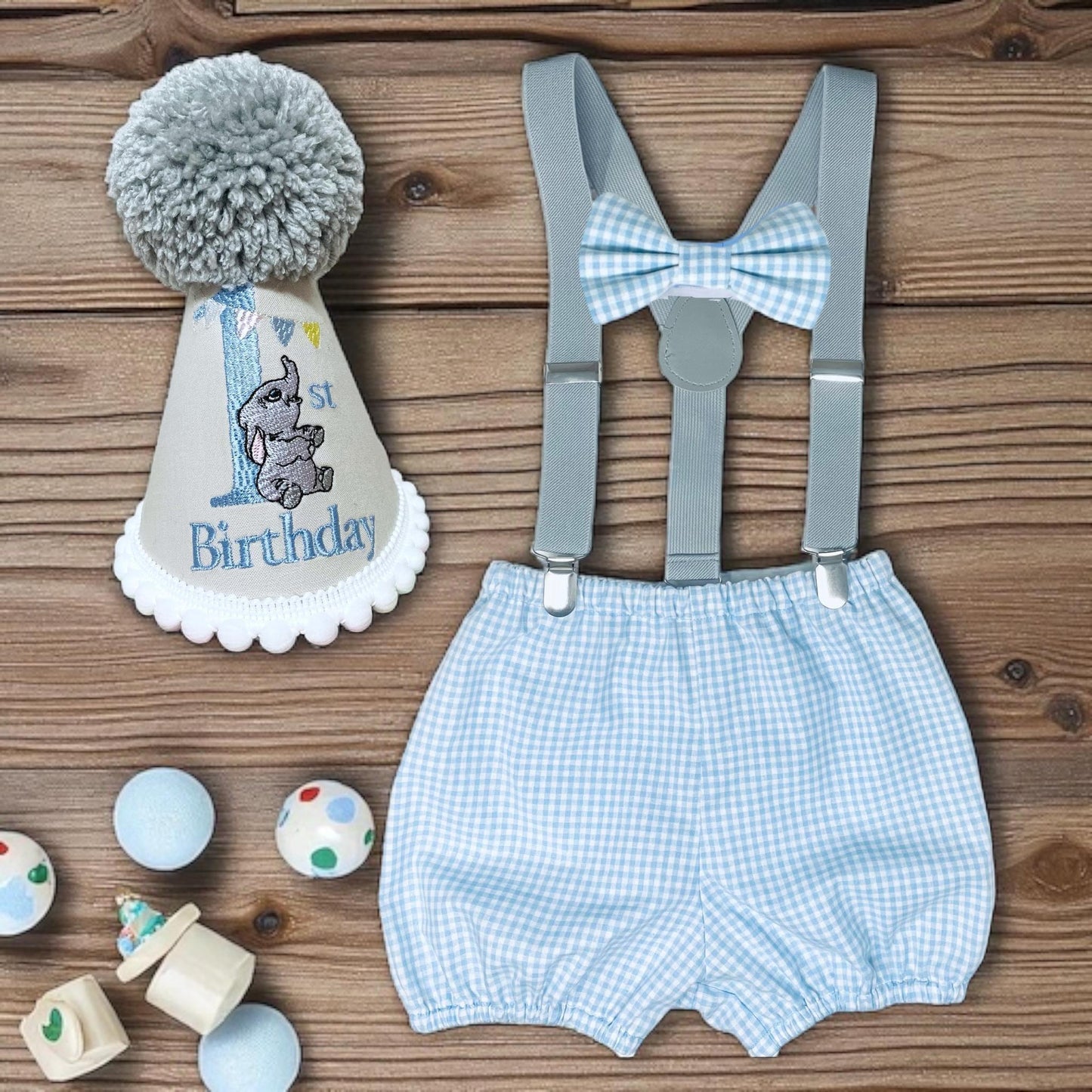 Boys Birthday Outfit – Elephant Cake Smash Set with Hat & Gingham Shorts