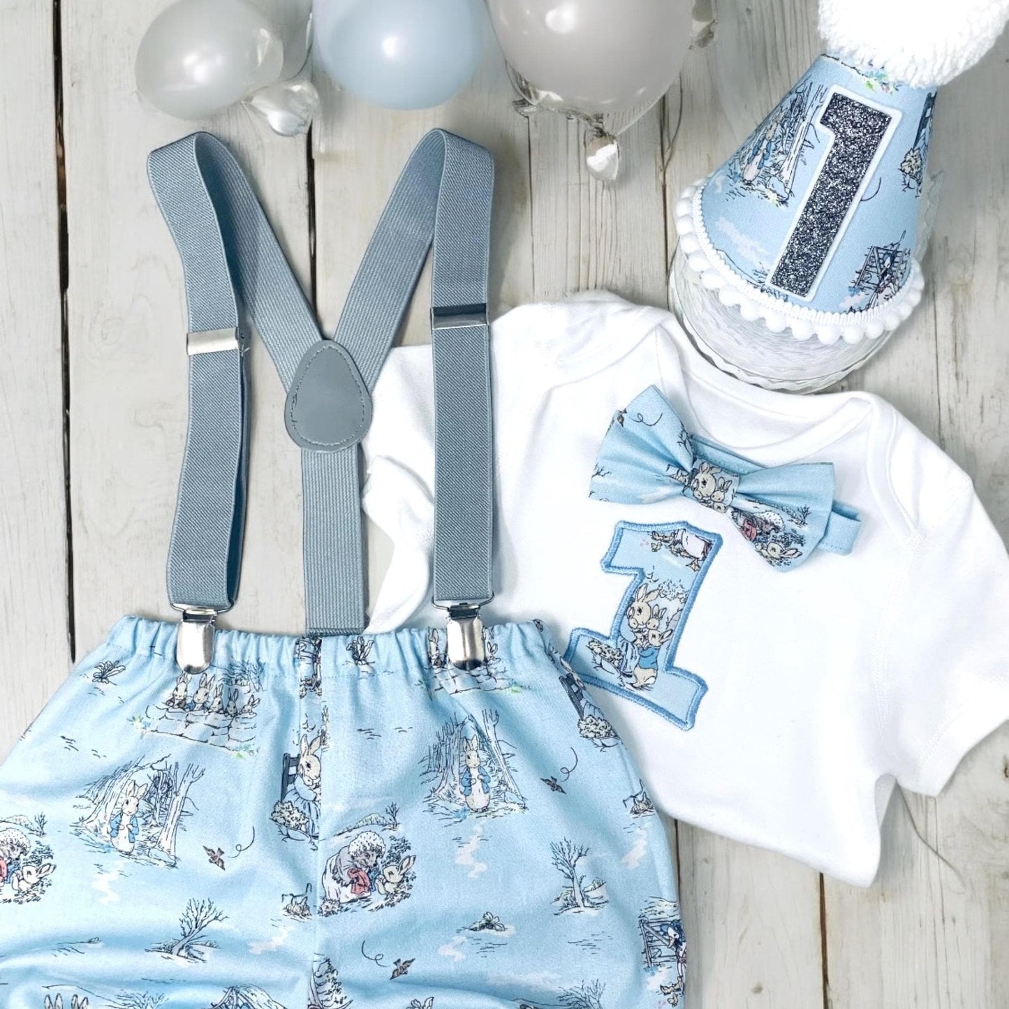Playful Rabbit Blue Birthday Outfit – Personalised/Personalized Baby Cake Smash Set