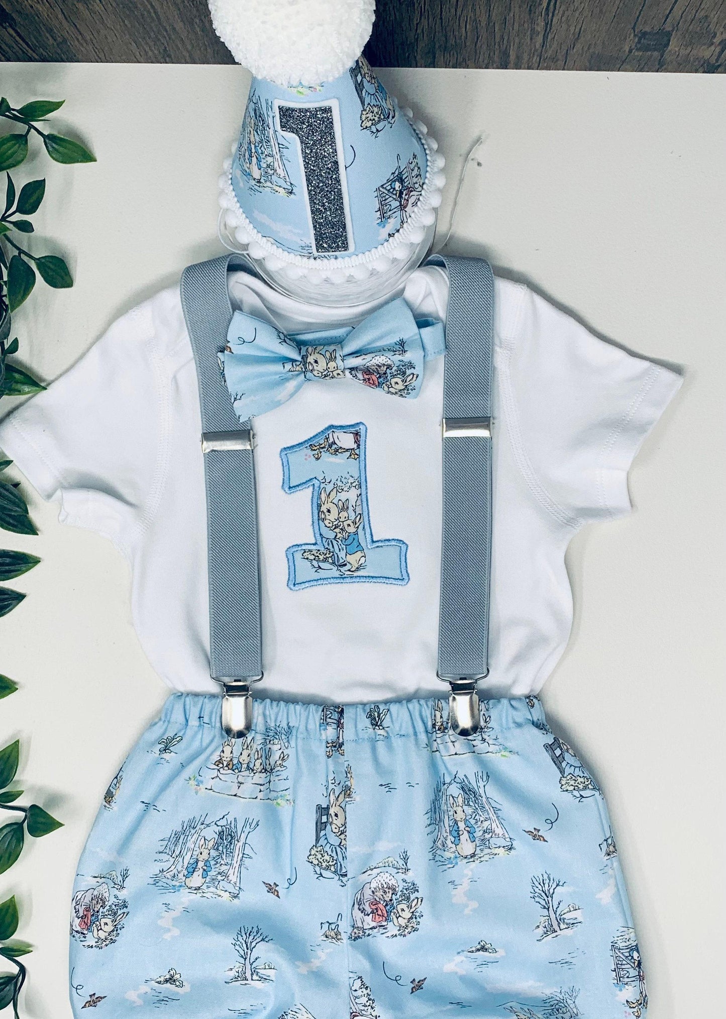 Playful Rabbit Blue Birthday Outfit – Personalised/Personalized Baby Cake Smash Set