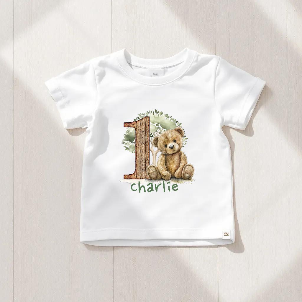 Personalised/Personalized Sage Green Bear Birthday Outfit – Printed Bodysuit, Shorts & Party Hat