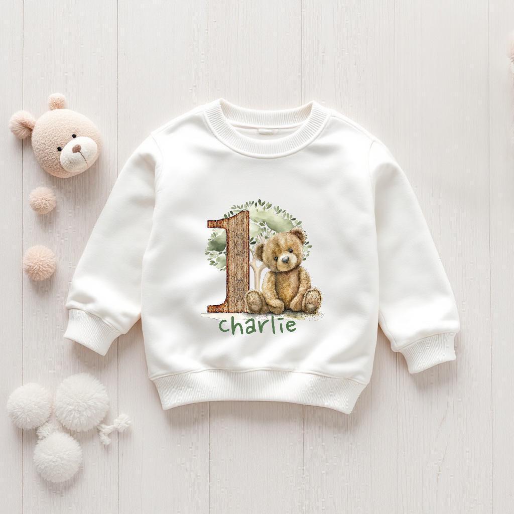 Personalised/Personalized Sage Green Bear Birthday Outfit – Printed Bodysuit, Shorts & Party Hat