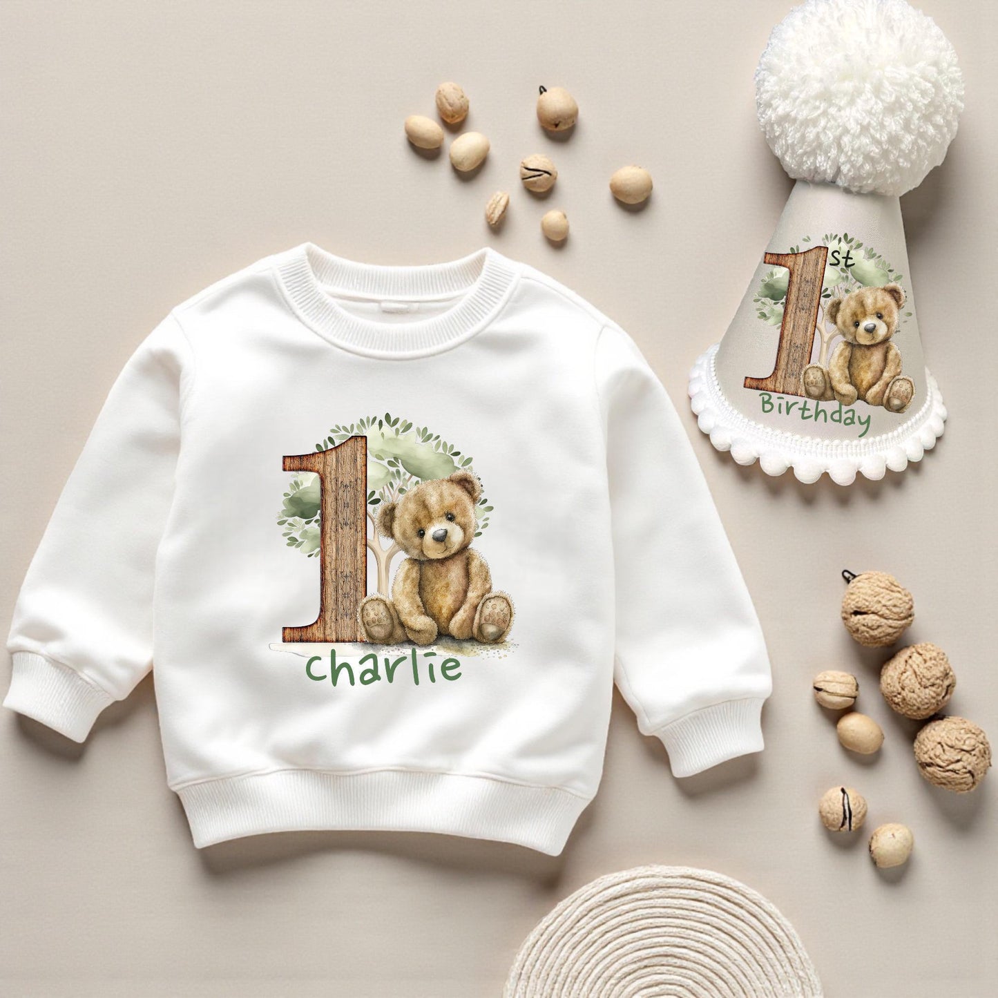 Personalised/Personalized Sage Green Bear Birthday Outfit – Printed Bodysuit, Shorts & Party Hat