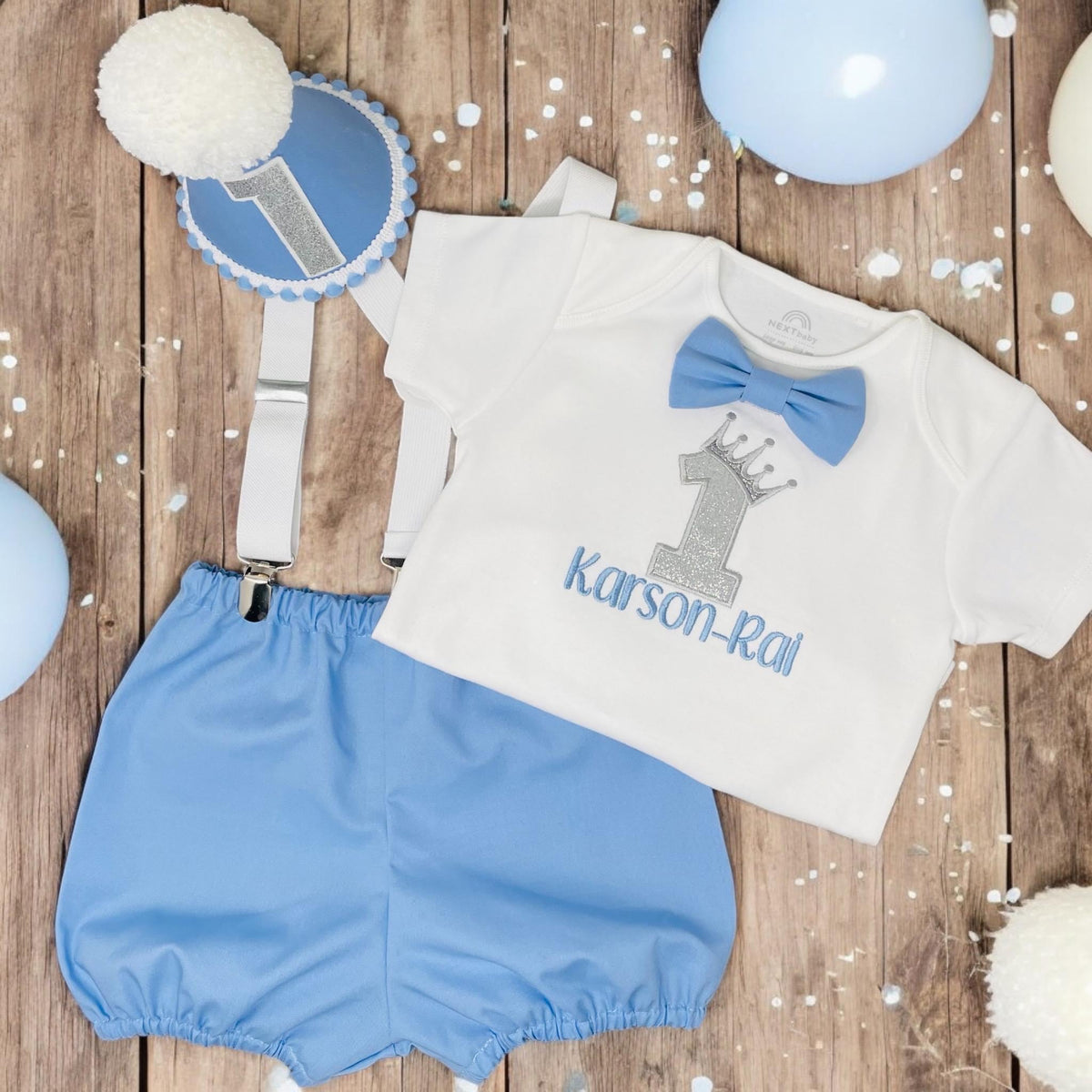 Personalised Baby Boy 1st Birthday Cake Smash Outfit, Blue Bow Tie