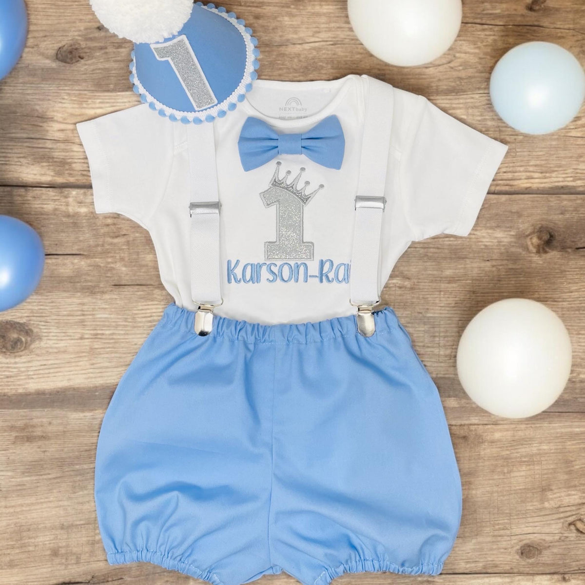 Personalised Baby Boy 1st Birthday Cake Smash Outfit, Blue Bow Tie