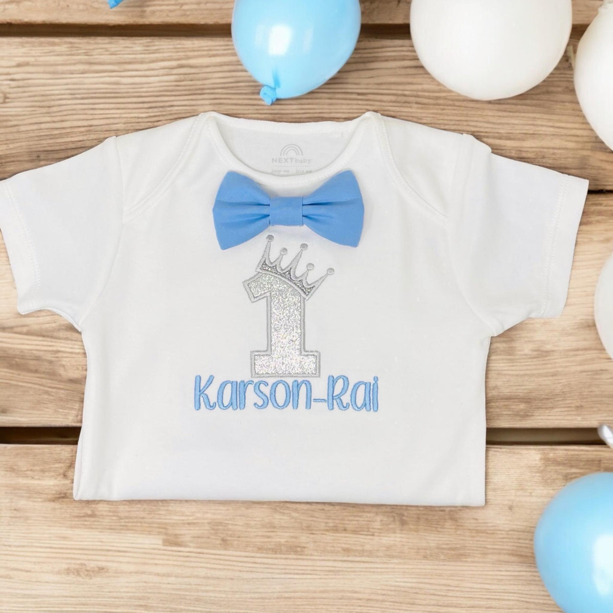 Personalised Baby Boy 1st Birthday Cake Smash Outfit, Blue Bow Tie