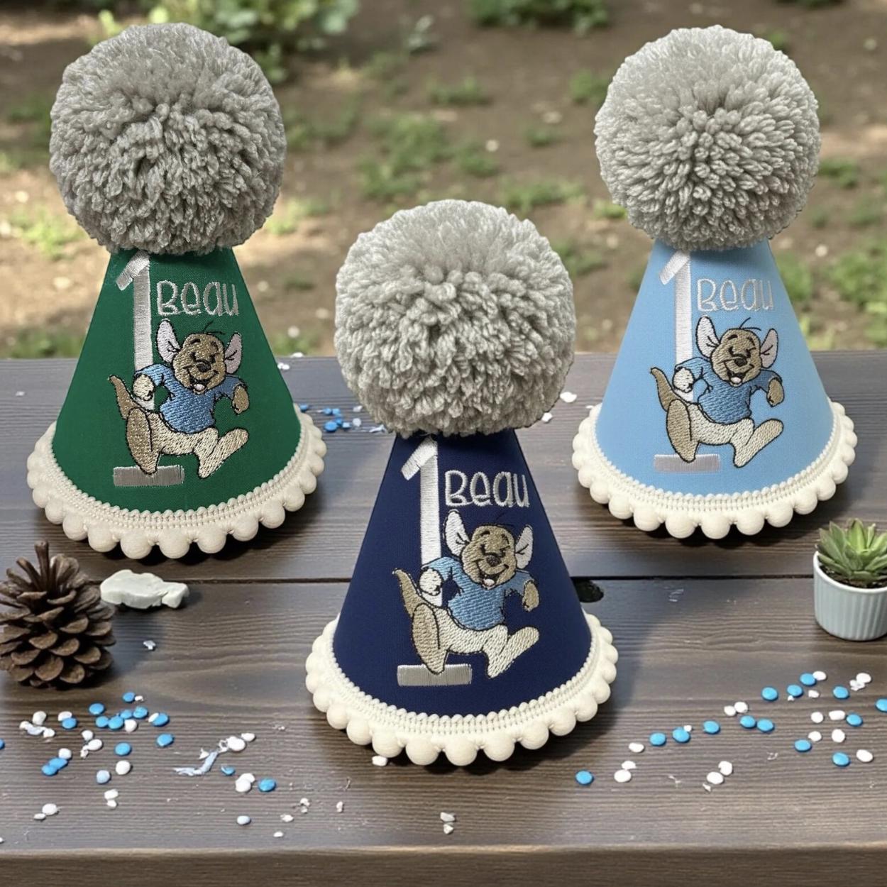 Kangaroo Personalised Baby Birthday Party Hat - Embroidered Handmade Cake Smash