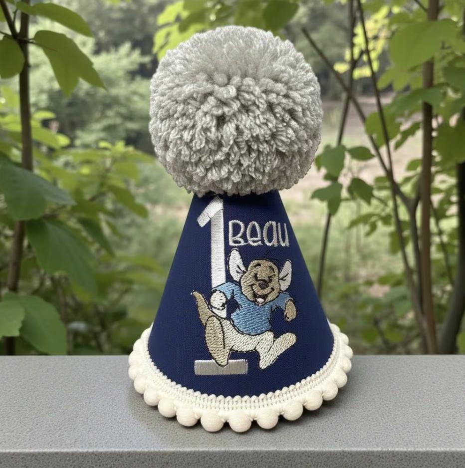 Kangaroo Personalised Baby Birthday Party Hat - Embroidered Handmade Cake Smash