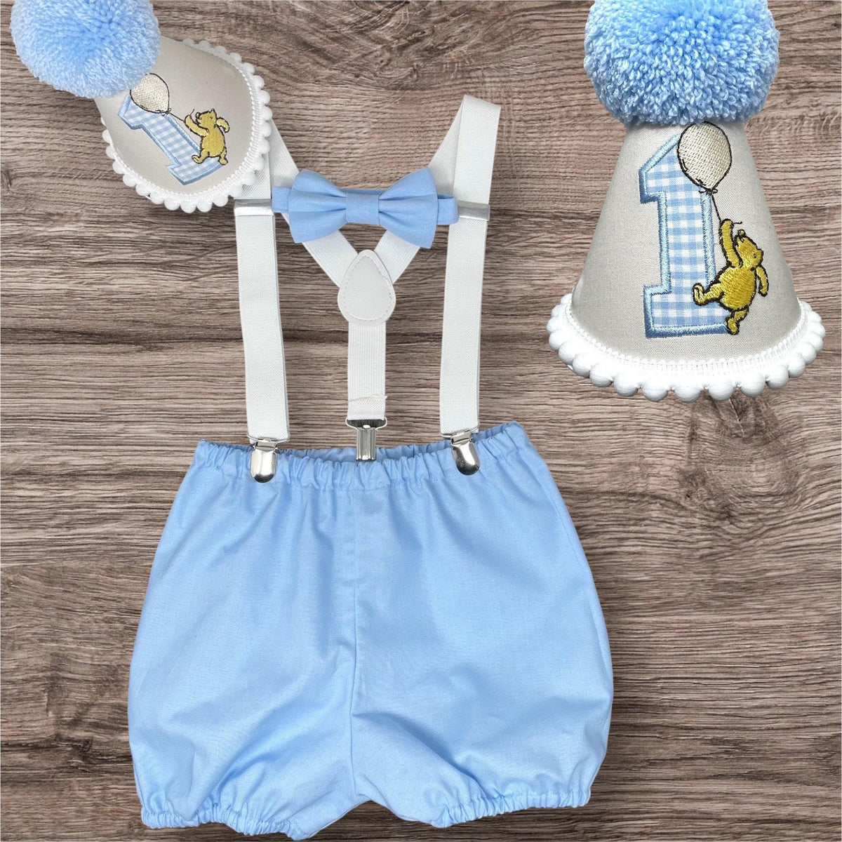 Blue Bear Cake Smash Outfit – Baby Bloomers Set with Suspender Braces & Hat