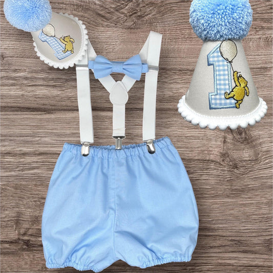Blue Bear Cake Smash Outfit – Baby Bloomers Set with Suspender Braces & Hat