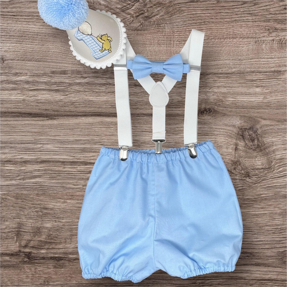 Blue Bear Cake Smash Outfit – Baby Bloomers Set with Suspender Braces & Hat