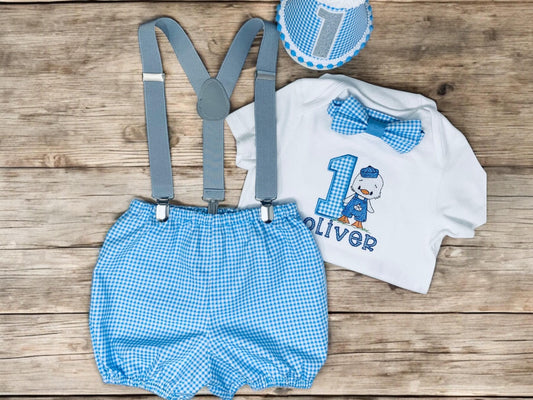 Personalised Baby Boy 1st Birthday Outfit: Duck Gingham Cake Smash Set
