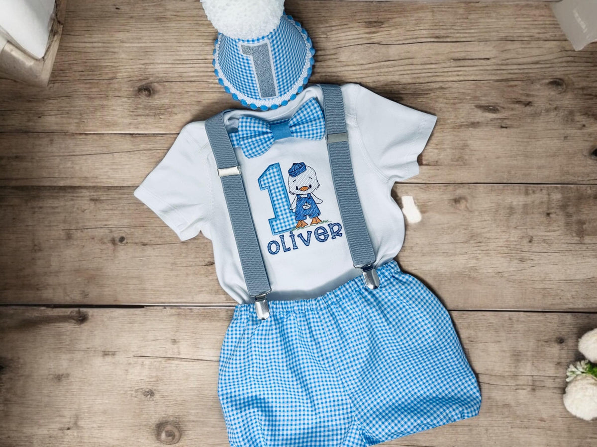 Personalised Baby Boy 1st Birthday Outfit: Duck Gingham Cake Smash Set
