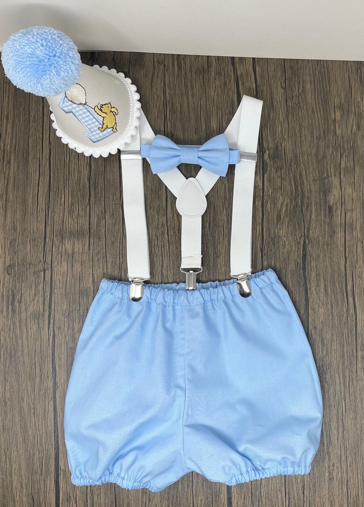 Blue Bear Cake Smash Outfit – Baby Bloomers Set with Suspender Braces & Hat
