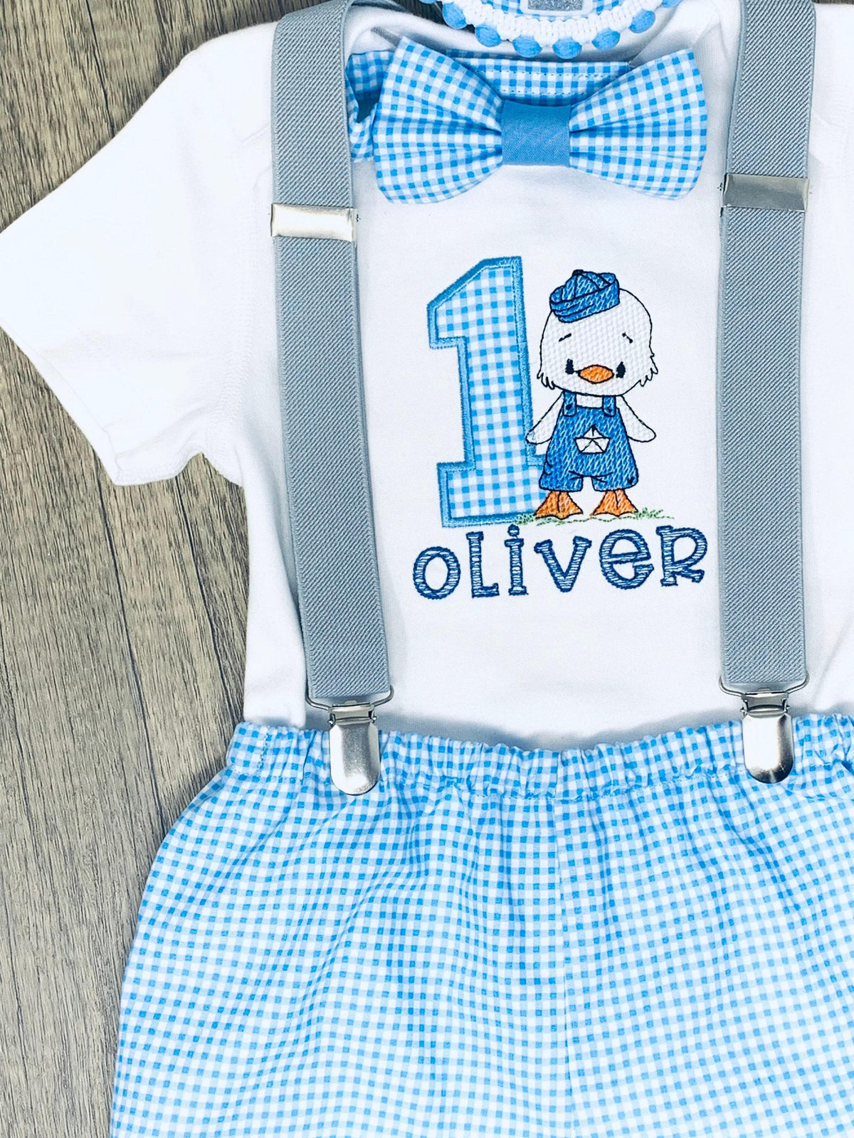 Personalised Baby Boy 1st Birthday Outfit: Duck Gingham Cake Smash Set