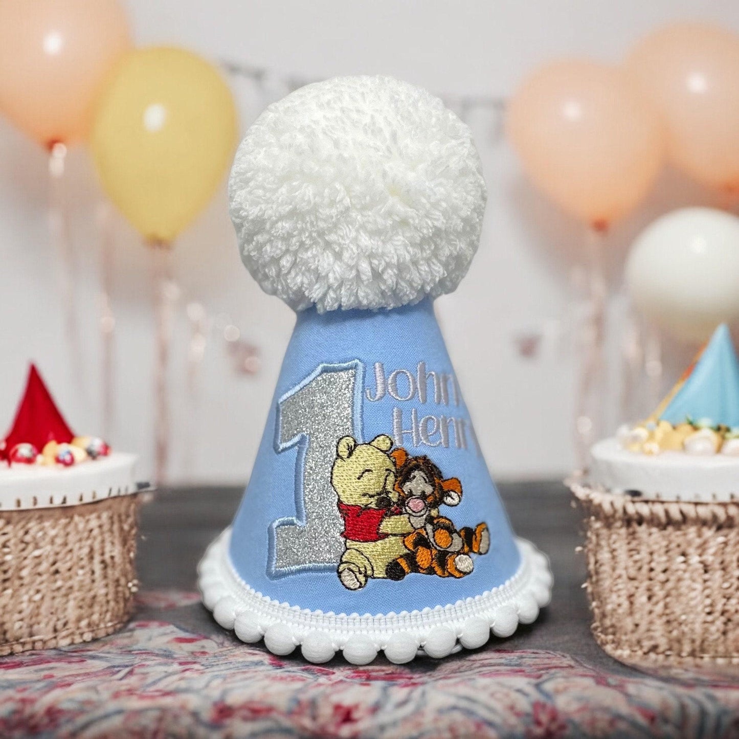 Personalized Honey Bear Birthday Party Hat with Pom-Pom