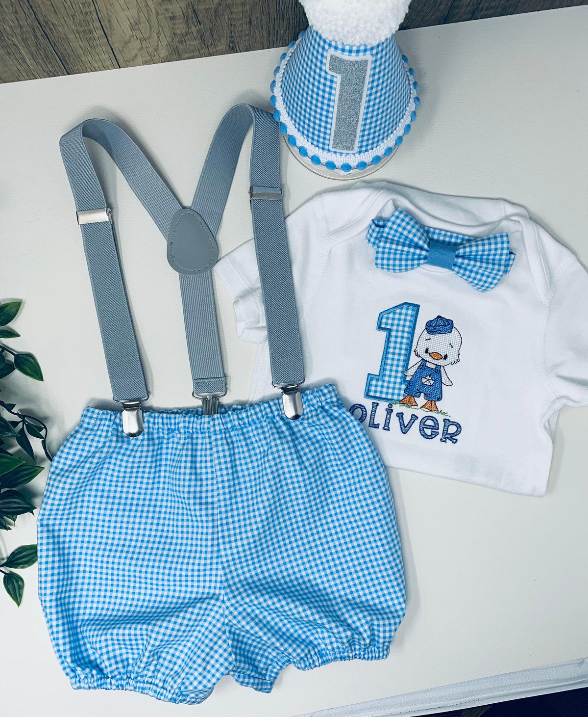Personalised Baby Boy 1st Birthday Outfit: Duck Gingham Cake Smash Set