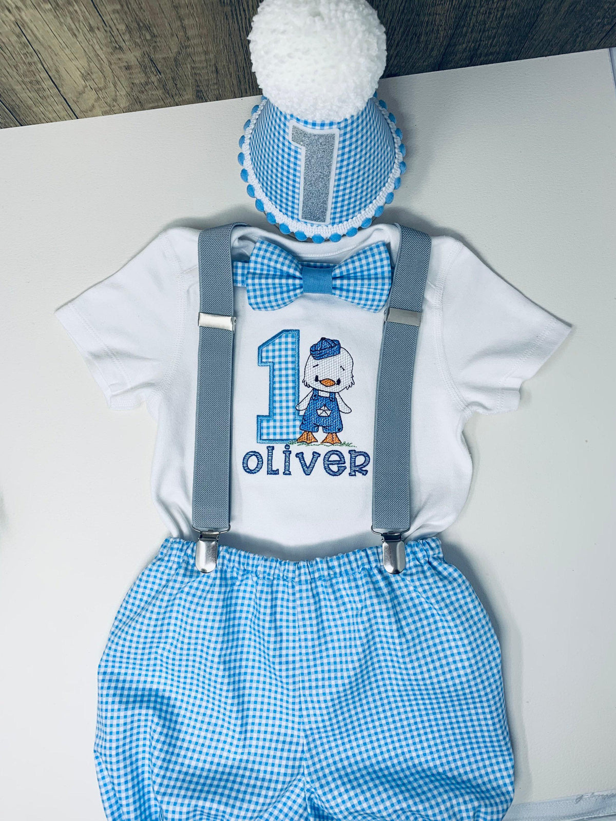 Personalised Baby Boy 1st Birthday Outfit: Duck Gingham Cake Smash Set