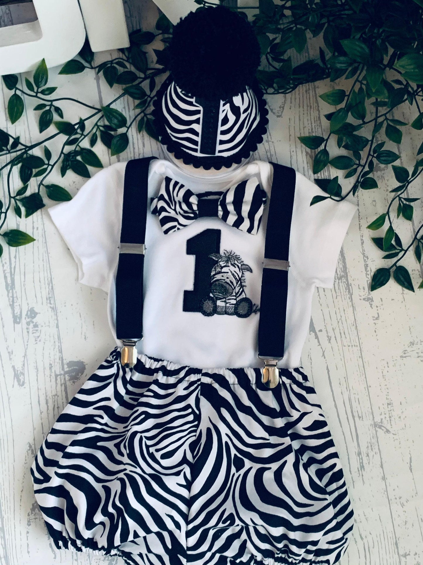 Zebra 1st Birthday Baby Boys Cake Smash Outfit, Personalised Safari Set