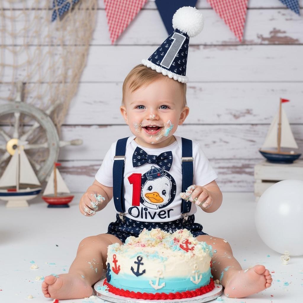 Sailor Duck First Birthday Outfit – Personalised Nautical Cake Smash Set Boy