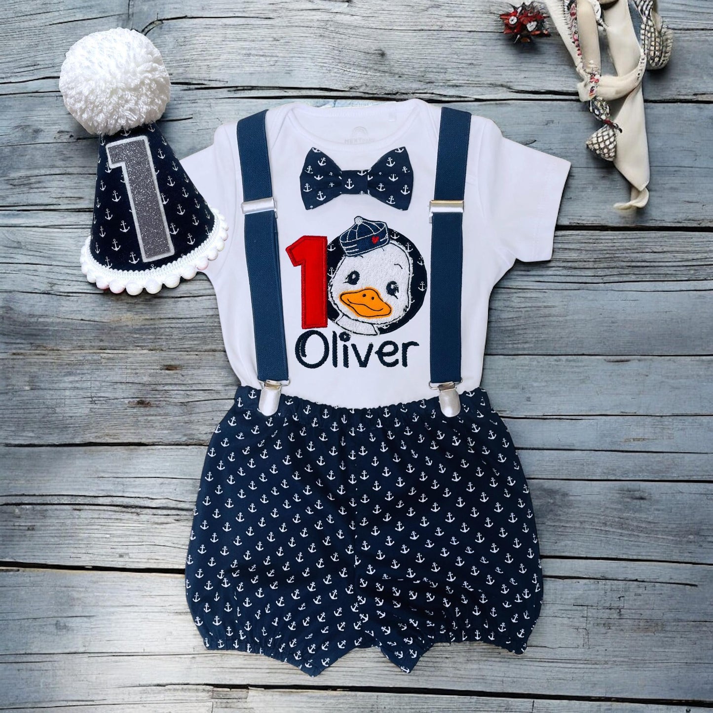 Sailor Duck First Birthday Outfit – Personalised Nautical Cake Smash Set Boy