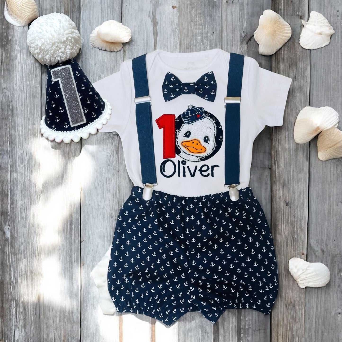 Sailor Duck First Birthday Outfit – Personalised Nautical Cake Smash Set Boy