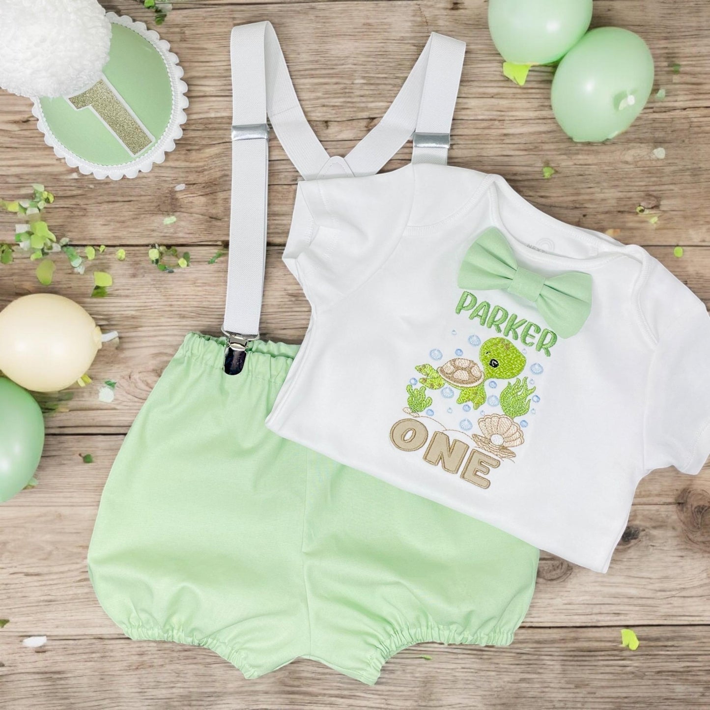 Personalised Sea Turtle First Birthday Outfit – Mint Green Cake Smash Set