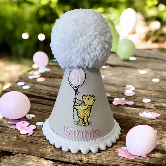 Baby Girls Personalised Bear Birthday Hat – Pink Balloon Keepsake Gift