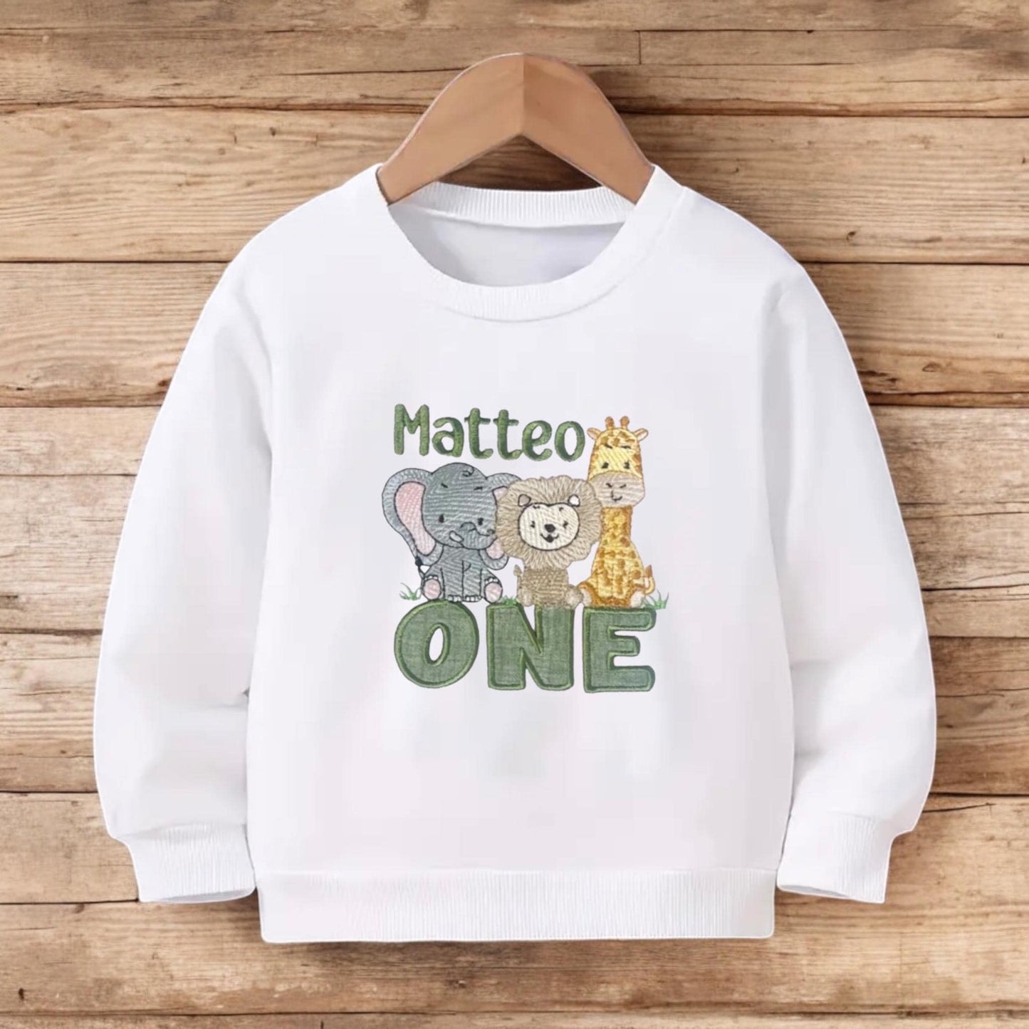 Safari 1st Birthday Jumper – Personalised Baby Sweatshirt with Custom Name Animal Design