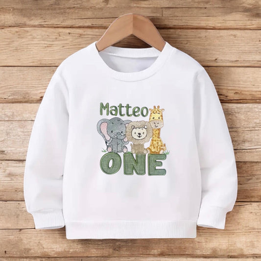 Safari 1st Birthday Jumper – Personalised Baby Sweatshirt with Custom Name Animal Design