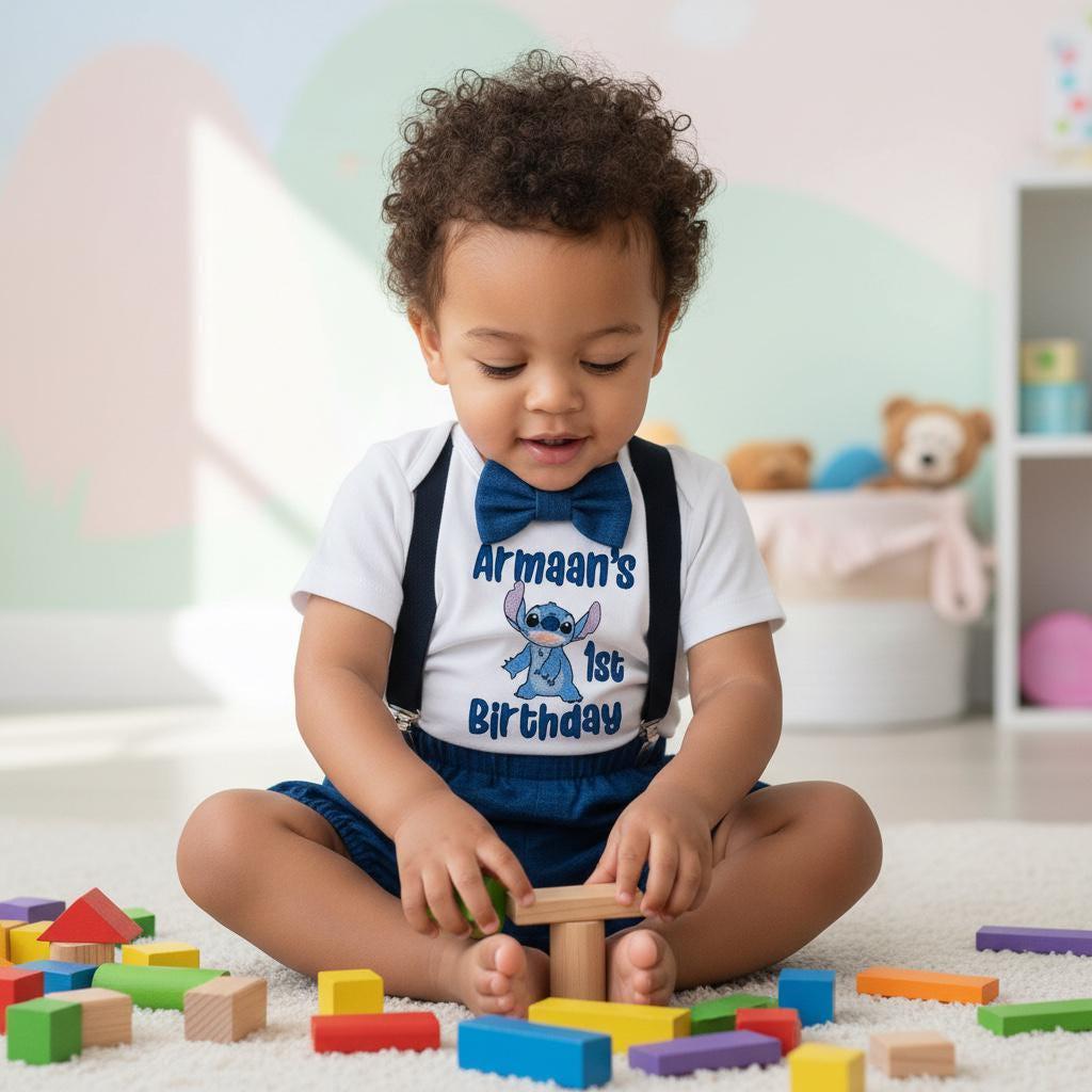 Personalised Blue Alien Birthday Cake Smash Outfit for Baby Boy