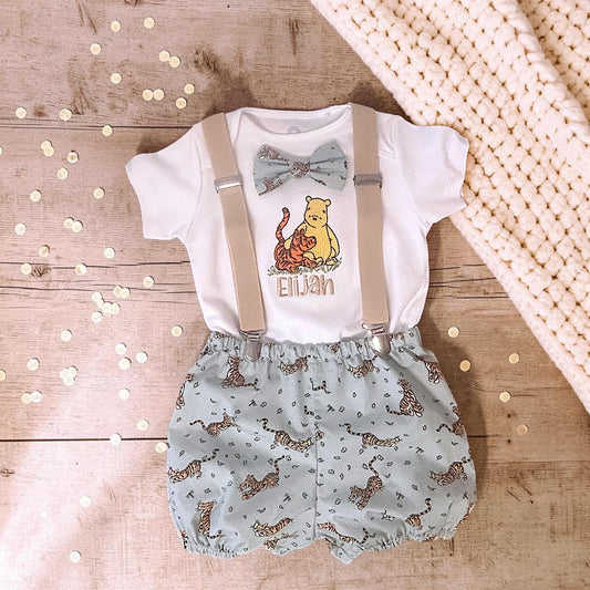 Personalised Winnie-the-Pooh Baby Naming Outfit Boy Christening Handmade Embroidered Special Occasion Romper Set