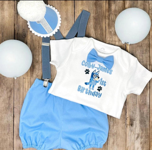 Boy Birthday Romper | Blue Dog Cake Smash Outfit | Personalised Baby Party Set | First Birthday
