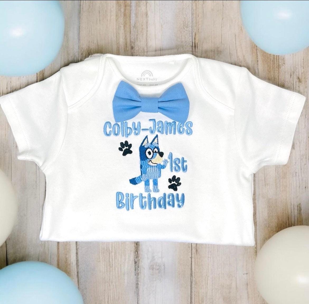 Boy Birthday Romper | Blue Dog Cake Smash Outfit | Personalised Baby Party Set | First Birthday