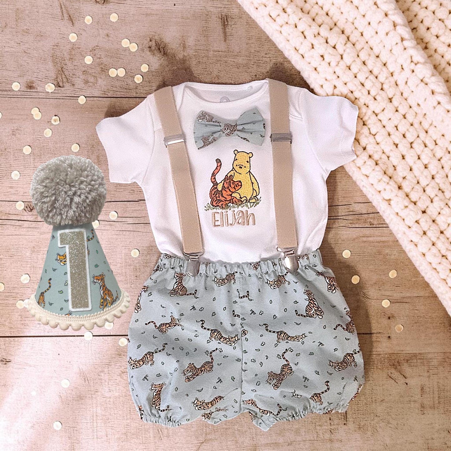 Personalised Winnie-the-Pooh Baby Naming Outfit Boy Christening Handmade Embroidered Special Occasion Romper Set