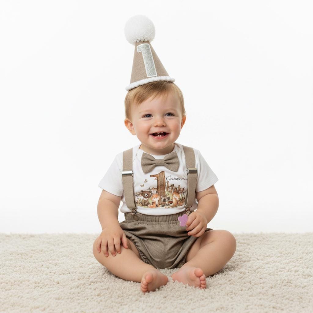Woodland Birthday Romper Boy Cake Smash Outfit Personalised Printed Handmade First Birthday Set