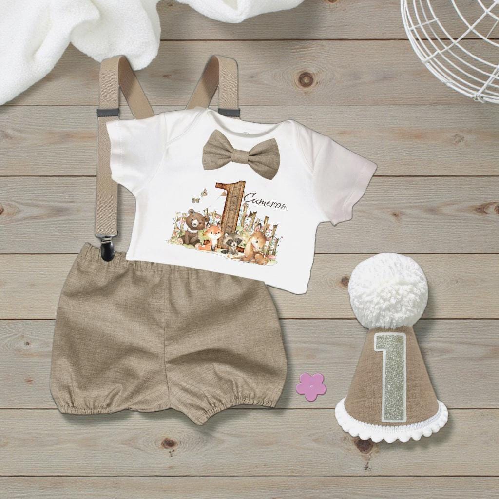 Woodland Birthday Romper Boy Cake Smash Outfit Personalised Printed Handmade First Birthday Set