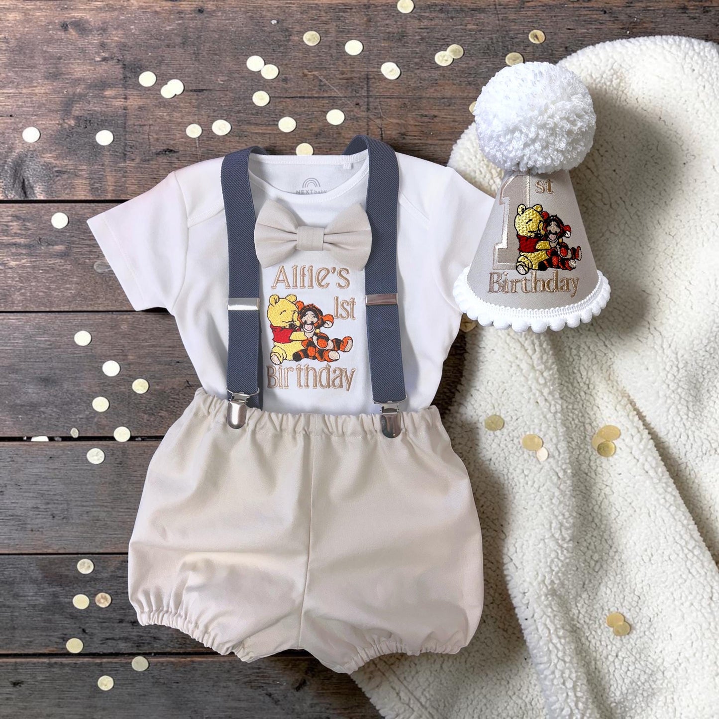 Personalised Cream Classic Winnie-the-Pooh Birthday Outfit Boy with embroidered hat