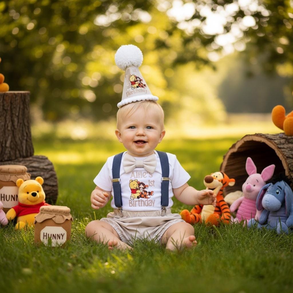 Personalised Cream Classic Winnie-the-Pooh Birthday Outfit Boy with embroidered hat