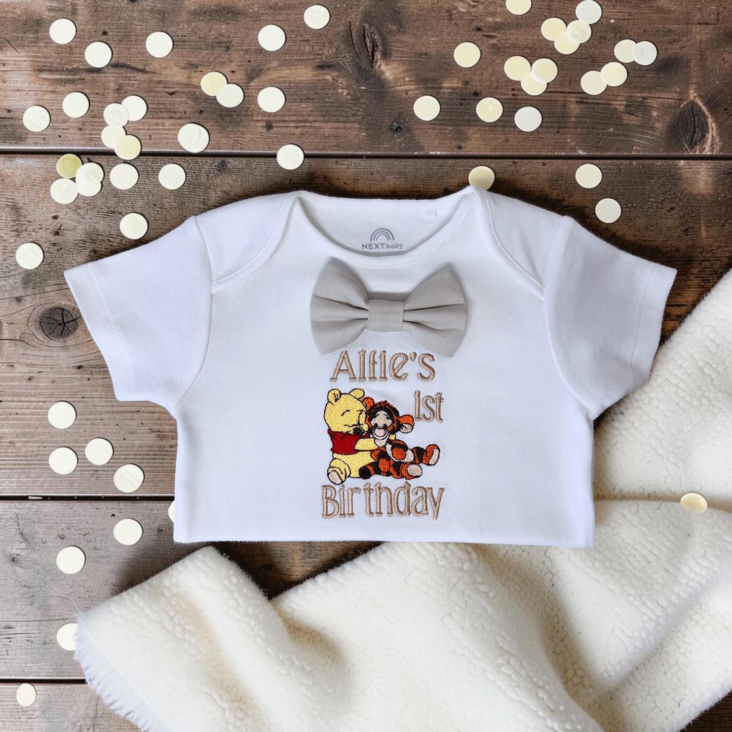 Personalised Cream Classic Winnie-the-Pooh Birthday Outfit Boy with embroidered hat