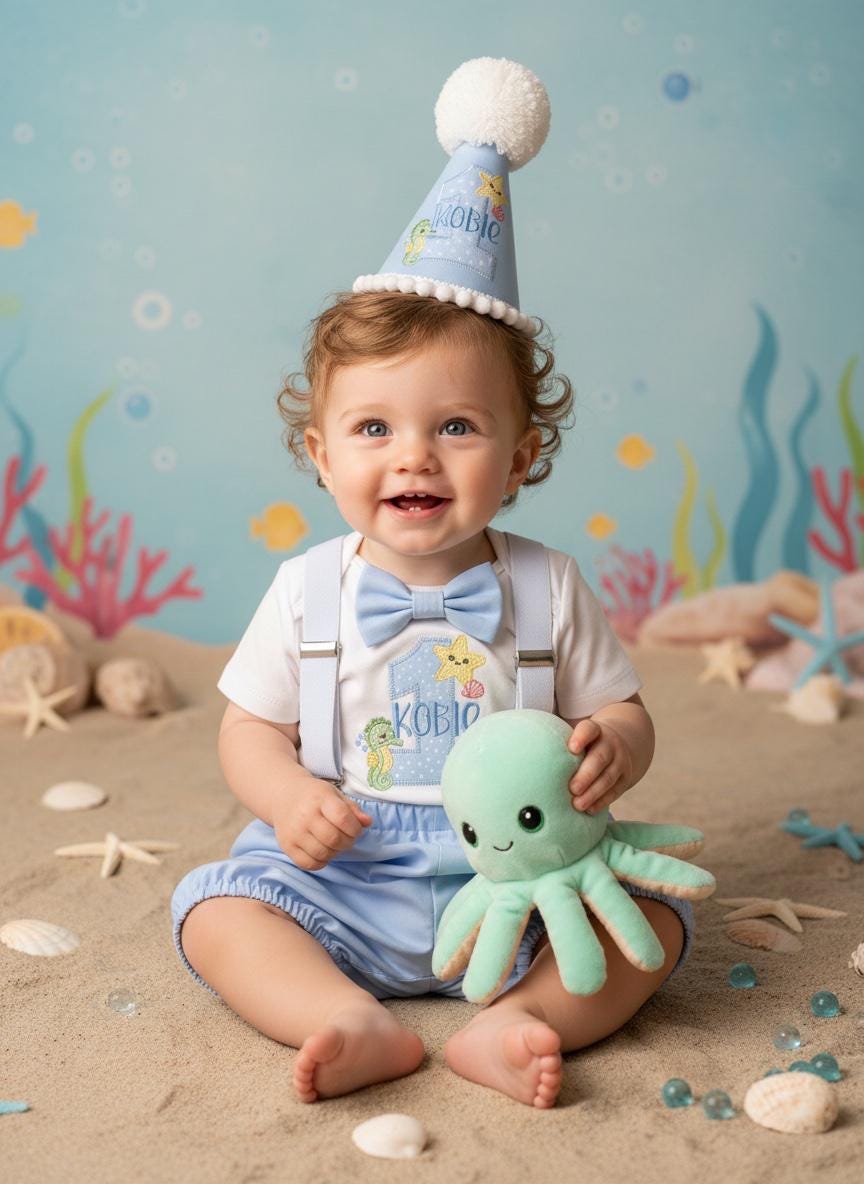 Personalised Sea Life Romper Boy Birthday Outfit Embroidered First Cake Smash Set Handmade