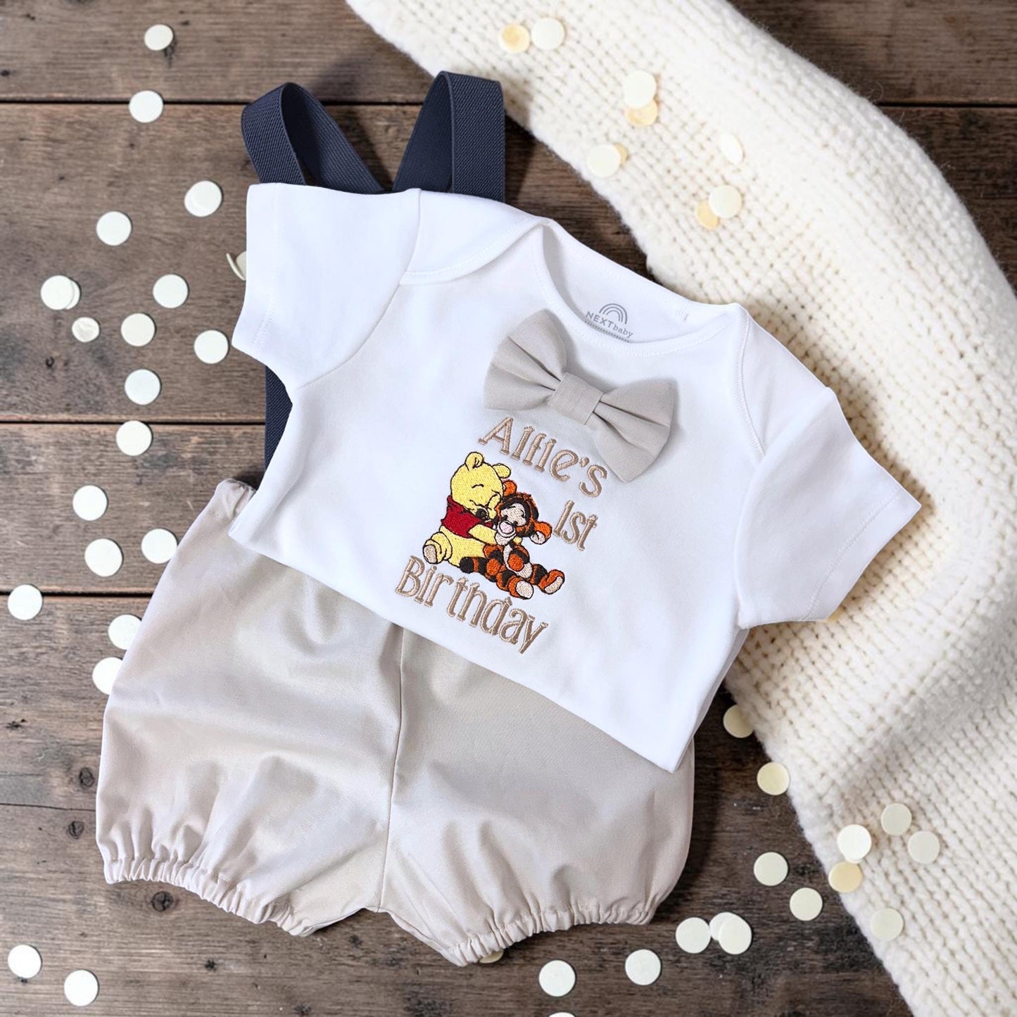 Personalised Cream Classic Winnie-the-Pooh Birthday Outfit Boy with embroidered hat