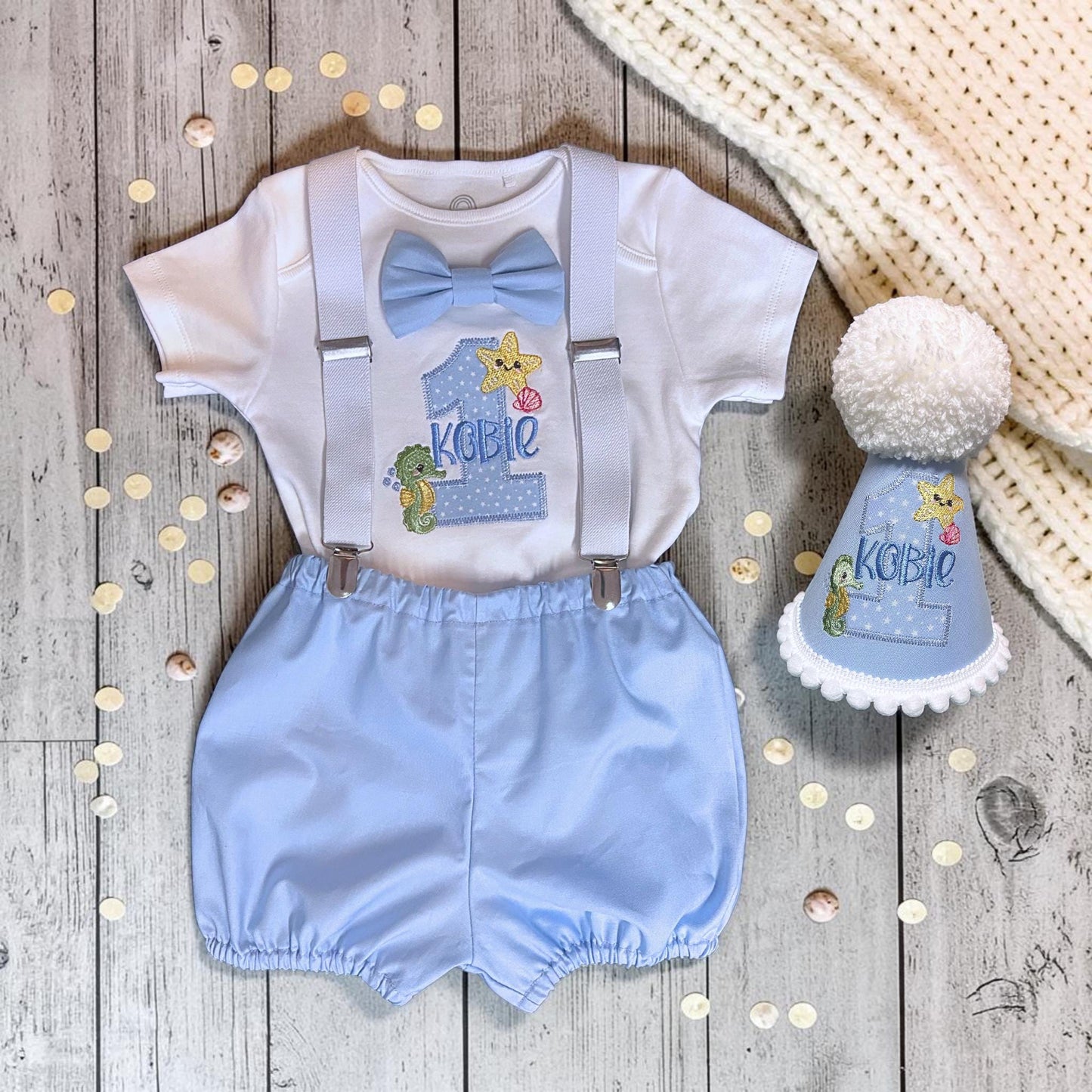 Personalised Sea Life Romper Boy Birthday Outfit Embroidered First Cake Smash Set Handmade