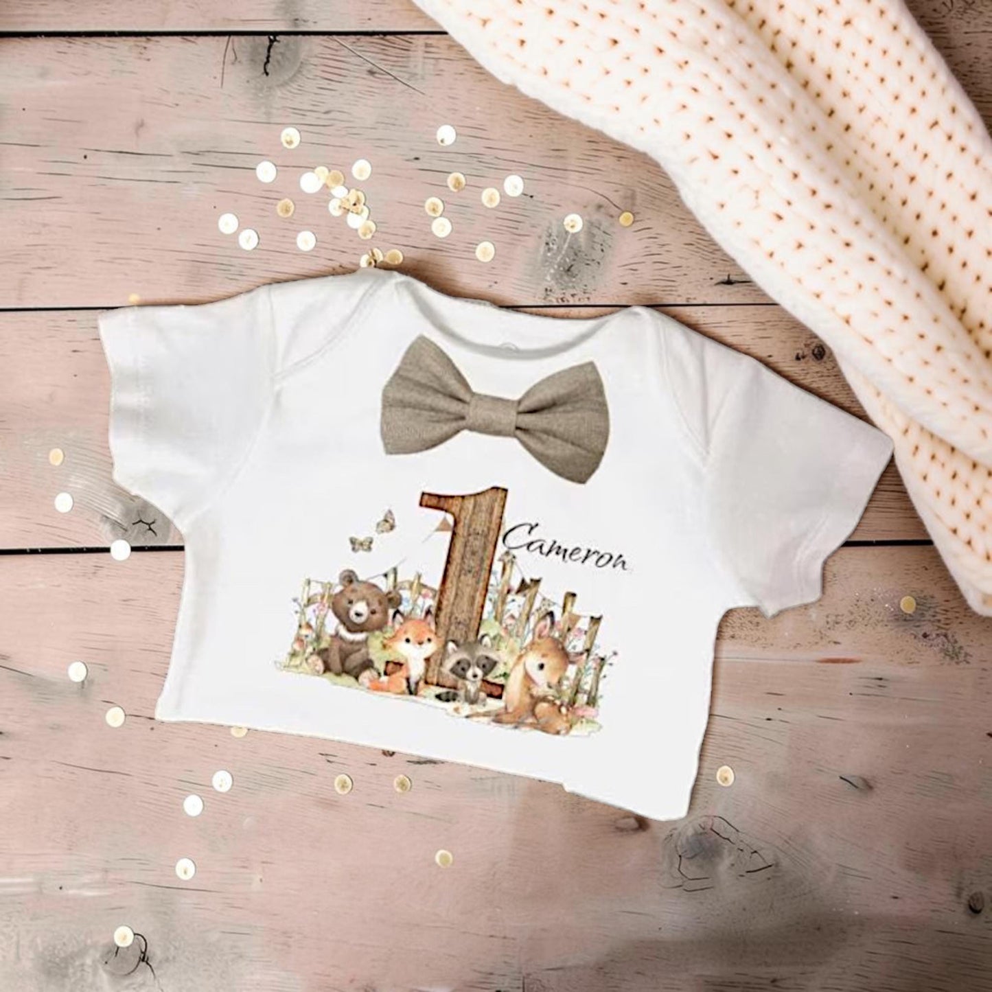 Woodland Birthday Romper Boy Cake Smash Outfit Personalised Printed Handmade First Birthday Set