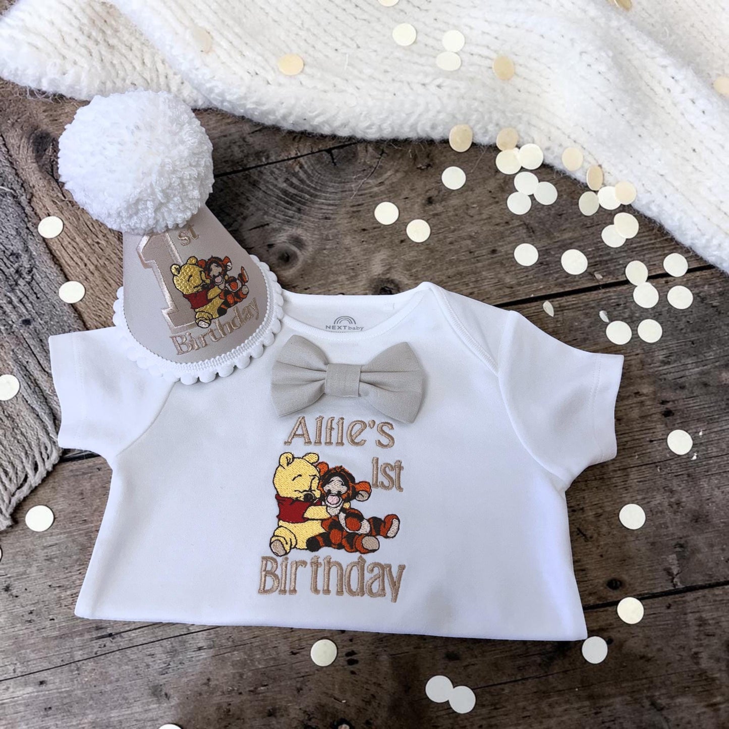Personalised Cream Classic Winnie-the-Pooh Birthday Outfit Boy with embroidered hat