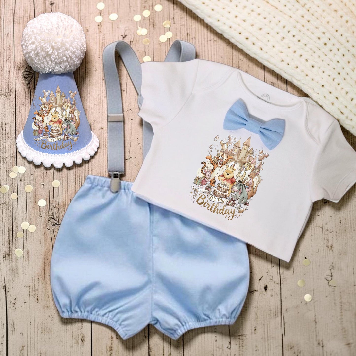 Classic Pooh Bear Birthday Romper | Cake Smash Set | Storybook Baby Outfit | Printed Handmade