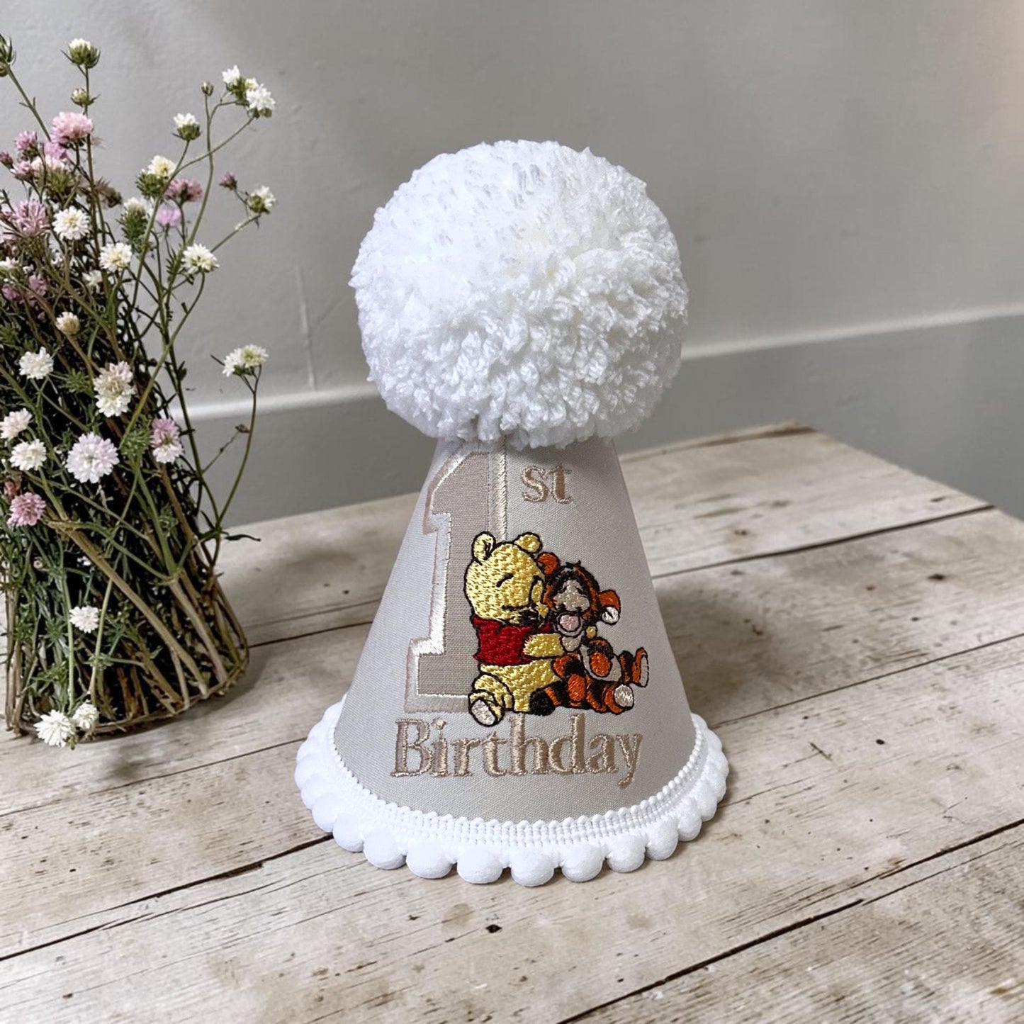 Personalised Cream Classic Winnie-the-Pooh Birthday Outfit Boy with embroidered hat