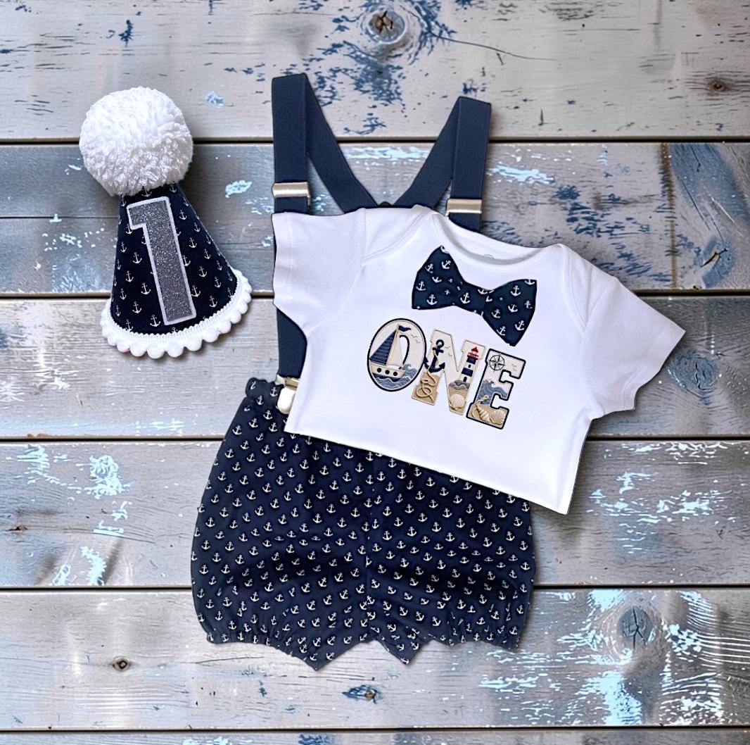 Boy Birthday Romper | Nautical Cake Smash Outfit | Sailor Baby Party Set | First Birthday Clothes