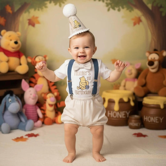 Personalised Classic Pooh Bear Romper Boy Birthday Outfit Embroidered First Cake Smash Set Handmade